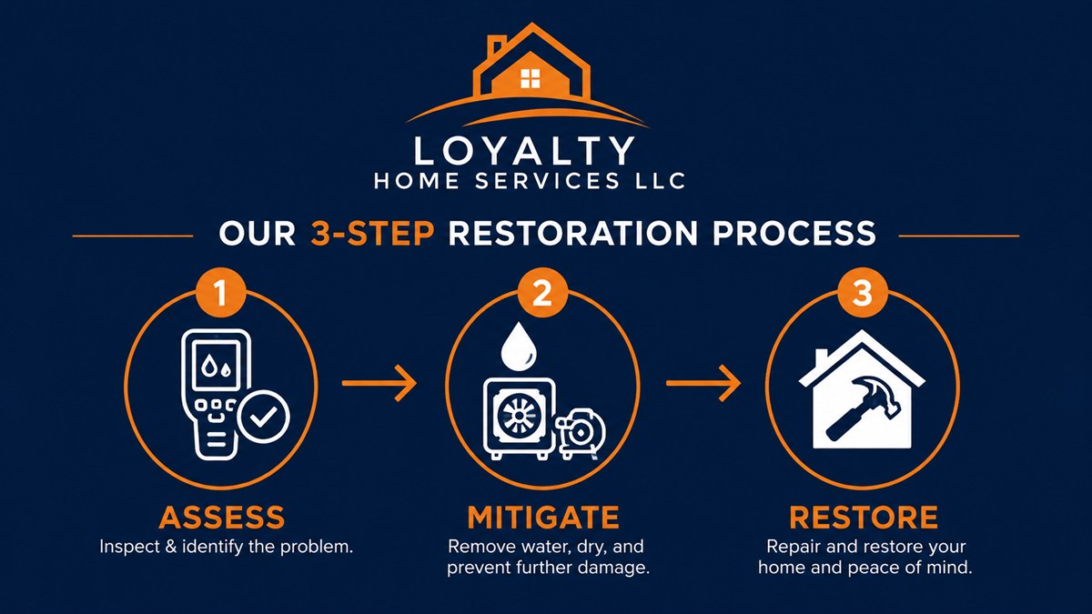 Loyalty Home Services 3-step water damage restoration process: assess, mitigate, and restore