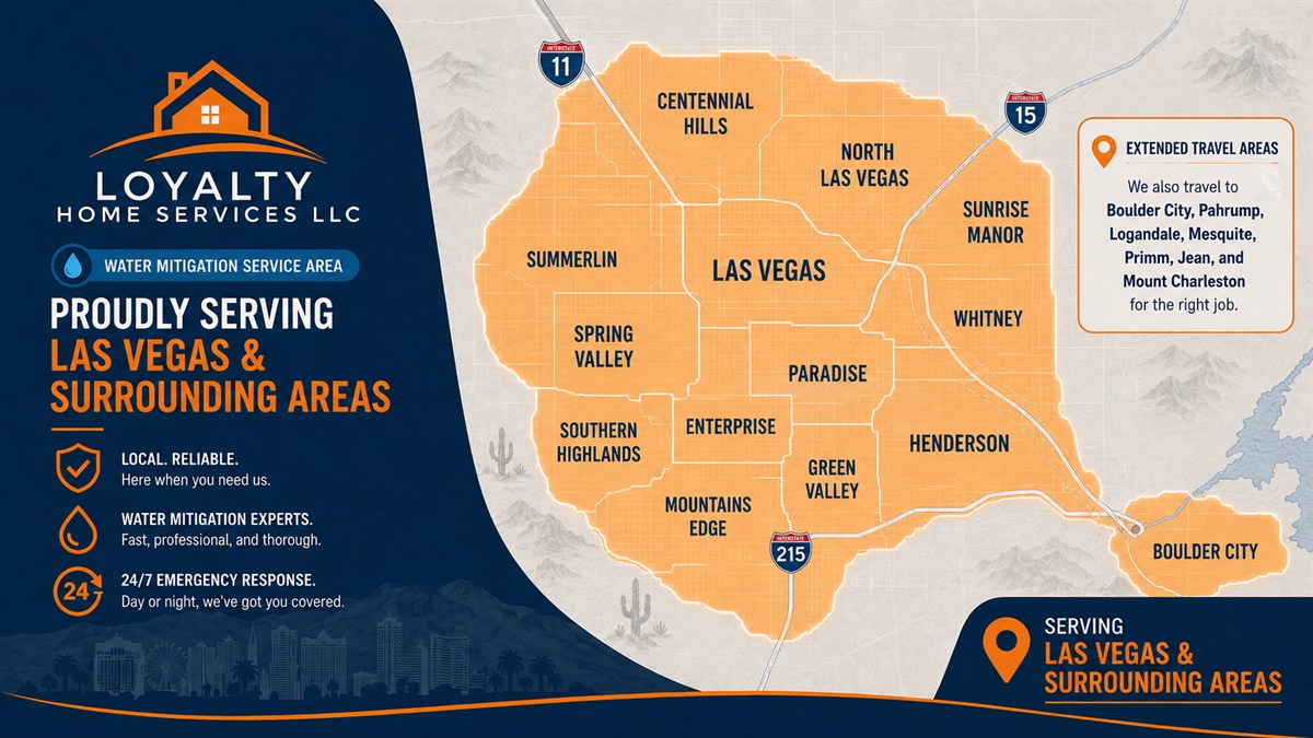 Map of the Loyalty Home Services water damage service area across the Las Vegas Valley and surrounding areas, including Centennial Hills, Summerlin, North Las Vegas, Sunrise Manor, Henderson, and Green Valley, plus extended travel areas
