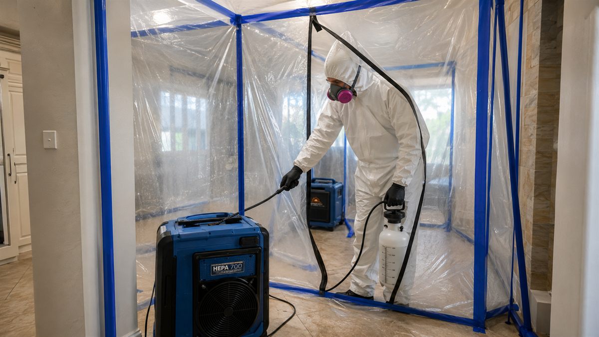 Mold remediation containment barrier with a technician in PPE and a HEPA air scrubber in a Las Vegas home