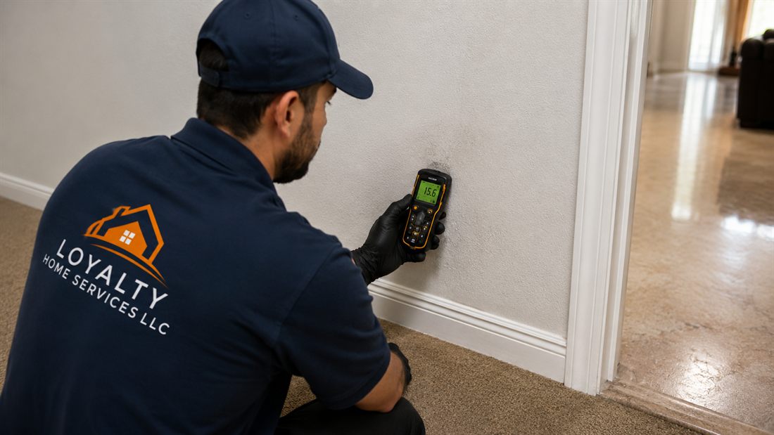 Loyalty Home Services technician checking a wall with a moisture meter during a rental water-damage inspection in Las Vegas