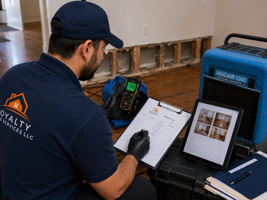 Loyalty Home Services technician documenting water damage on a laptop with moisture readings for an insurance claim